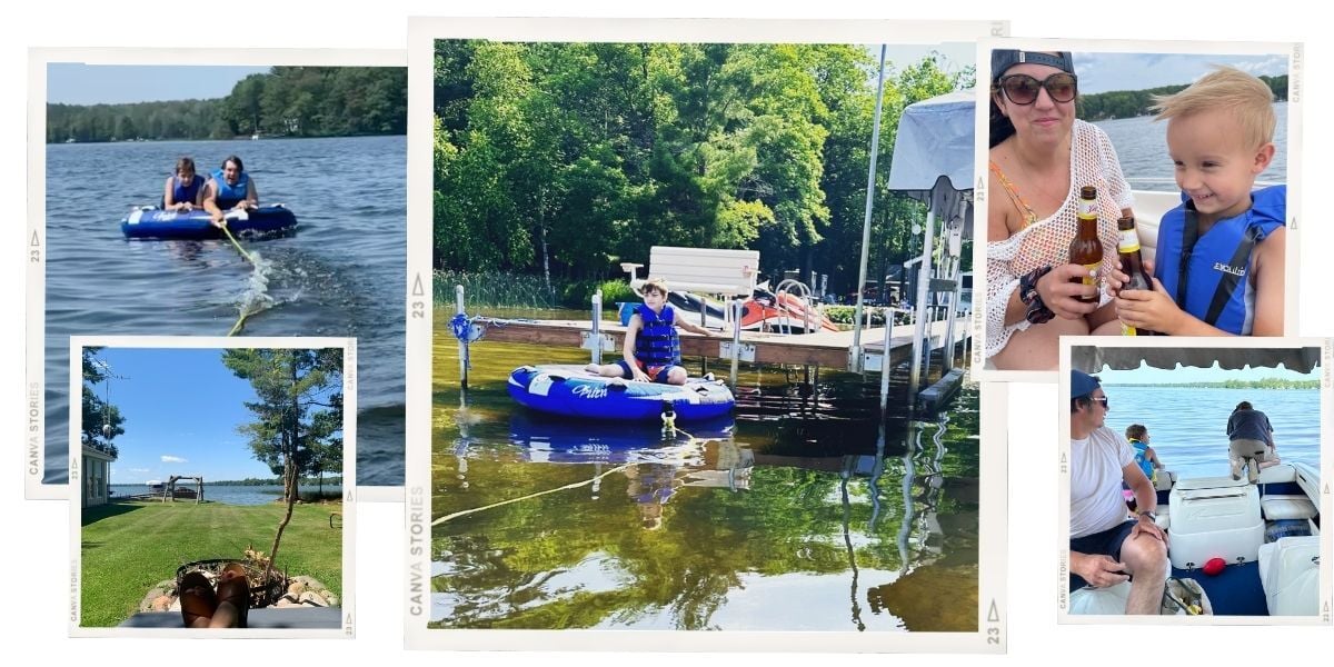 A collage of people spending the day on the lake with the middle picture of boy on a tube